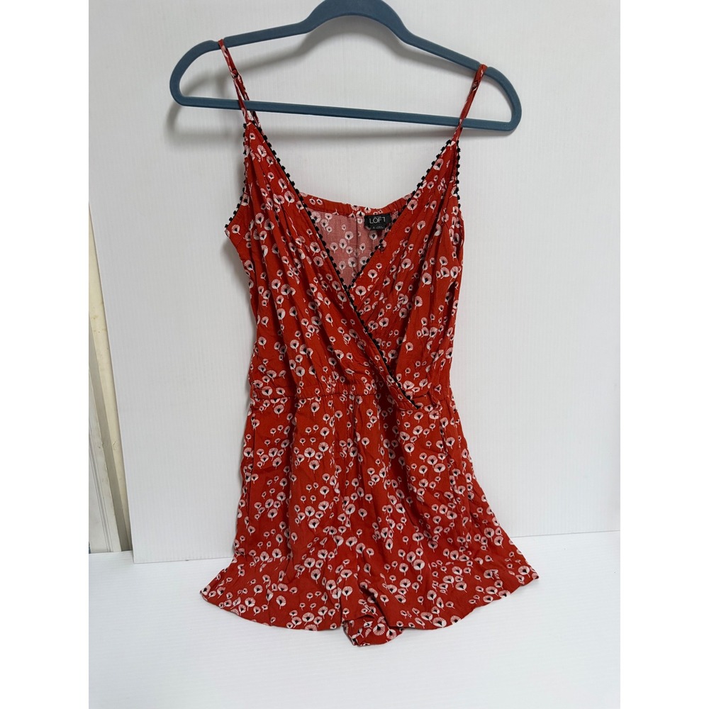 Ann Taylor LOFT Red Floral Fan Print Wrap Front Sleeveless Romper Small